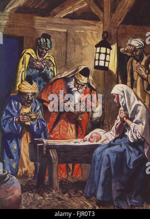 Geburt Jesu in Bethlehem mit der drei weisen Könige und Maria und Josef. Bildunterschrift: "sagen, wo ist der neugeborene König der Juden? Wir haben seinen Stern aufgehen sehen und sind gekommen, ihn anzubeten "Matthäus 2:2.   Illustration von H M Brock 11. Juli 1875 – 21. Juli 1960 Stockfoto