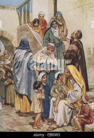 "Aber Jesus rief sie zu ihm und sprach: leiden, meine lieben Kinder, zu mir kommen und wehret ihnen nicht: für solcher ist das Reich Gottes." Lukas 18:16 Illustration von H M Brock 11. Juli 1875 – 21. Juli 1960 Stockfoto