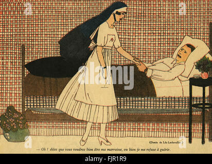 Eine Krankenschwester am Krankenbett eines verwundeten Soldaten - Darstellung in "La Baionnette" Ausgabe Nr. 88, März 1917. Bildunterschrift lautet: "Oh! Sagen Sie mir, Sie werden meine Marraine oder ich weigern, zu kämpfen "/ Oh! Dites Que Vous Voudrez Bien Etre Ma Marraine, Ou Bien Je mich weigern eine Guerir - bezieht sich auf die Kriegszeit Institution des "Paten", die sich freiwillig zu verfassen und senden von Paketen an Soldaten in den Schützengräben ohne Familie. Künstlers Leo Lechevallier - Termine nicht bekannt Stockfoto
