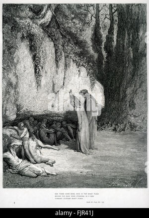 Dantes Fegefeuer, Teil seiner Divina Commedia / die göttliche Komödie. Illustration von Gustave Doré. Canto IV Linien 100-102 "Und es gab einige, die in den schattigen Platz / hinter dem Felsen standen, als ein Mann / durch Nichtstun stehen könnte" Dante Alighieri: Mitte Mai bis Mitte Juni 1265-September 13/14, 1321. Stockfoto