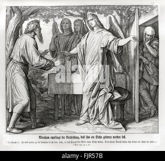 Abraham hört die Prophezeiung, dass Sarah ihm einen Sohn, Genesis Kapitel XVIII Vers 10 tragen wird "und er sagte: ich werde sicherlich wieder zu dir nach der Zeit des Lebens; und, siehe da, Sara dein Weib soll einen Sohn. Und Sarah hörte es in der Zelttür, die hinter ihm war. " 1852-60 Abbildung ByJulius Schnorr von Carolsfeld Stockfoto