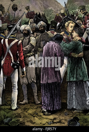 Ersten Anglo - Afghanischen Krieg, 1839-1842: Rettung der britischen Gefangenen von Akbar Kahn. Afghanische Prinz, ein General, ein Stammesführer und Emir, 1816-1845. Stockfoto