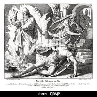 Saul mit der Hexe von Endor, 1 Samuel Kapitel XXVIII Verse 16-17 "dann sagte Samuel, darum dann fragst du mich, sehen der Herrn ist ging von dir, und dein Feind geworden ist? Und der Herr zu ihm, als er sprach mit mir getan hat: denn der Herr hat das Königreich aus deiner Hand zu mieten, und deinen nächsten, bis David gewidmet "1852-60 Illustration von Julius Schnorr von Carolsfeld Stockfoto