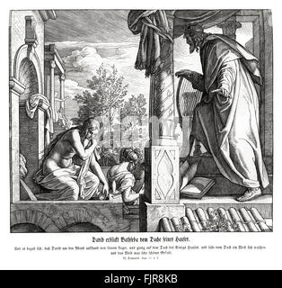 David sieht Batseba Baden vom Dach seines Hauses, 2 Samuel Kapitel XI Vers 2 "und es begab sich in eine Eveningtide, die David erhob sich von seinem Bett, und ging auf das Dach des Hauses des Königs: und vom Dach sah er eine Frau waschen sich; und die Frau war sehr schön zu betrachten. " 1852-60 Illustration von Julius Schnorr von Carolsfeld Stockfoto