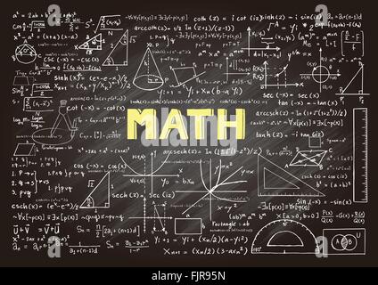 Handgezeichnete Mathematikformeln auf dem Schwarzen Brett. Vektorgrafik. Stock Vektor