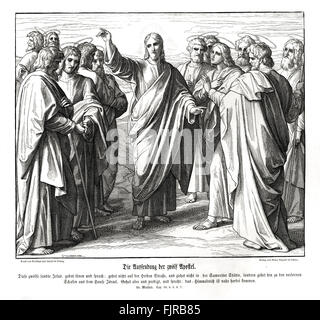 Die zwölf Apostel, Evangelium von Matthäus Kapitel X Verse 5-7 "Diese zwölf Jesus ausgesandt wurden, und befahl ihnen, sagen, der Weg der Heiden nicht eingehen, und in jeder Stadt der Samariter tretet nicht: aber gehen Sie eher zu den verlorenen Schafen des Hauses Israel. Und wie ihr gehen, predigen, sagen, das Himmelreich ist nahe. " 1852-60 Illustration von Julius Schnorr von Carolsfeld Stockfoto