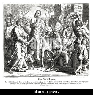 Palmsonntag / Eingang von Jesus in Jerusalem, Evangelium nach Matthäus Kapitel XXI Verse 8-9 "und eine sehr große Menge breitete ihre Kleider auf die Art und Weise; andere reduzieren Sie Zweige von den Bäumen, und strawed ihnen in den Weg. Und die Scharen, die ging vor und danach, weinte, sagte: Hosanna dem Sohn Davids: gesegnet sei er kommt im Namen des Herrn "1852-60 Illustration von Julius Schnorr von Carolsfeld Stockfoto