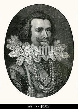 George Villiers, 1. Herzog von Buckingham. Nach dem Stich von W J Delff. Er war ein Höfling, ein Liebling von König James wurde i. ihn Viscount 1616, Earl im Jahr 1617, Marquis im Jahre 1618 und Herzog von Buckingham 1623 machte.   Im Jahre 1619 wurde Villiers Lord High Admiral ernannt.  Auch Charles war ich.  28 August 1592 – 23. August 1628 Stockfoto