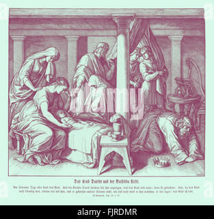 Stirbt das Kind von König David und Batseba, 2 Samuel Kapitel XII Vers 18 "und es begab sich am siebten Tag, die das Kind starb. Und die Diener des David fürchtete um ihm mitzuteilen, dass das Kind tot war: denn sie, siehe, sagte während das Kind noch am Leben war, wir sprach zu ihm, und er würde nicht unsere Stimme hört: wie wird er dann ärgern sich, wenn wir ihm sagen, dass das Kind tot ist? " 1852-60 Illustration von Julius Schnorr von Carolsfeld Stockfoto