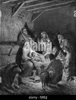 Krippe - Heimsuchung der Hirten, das Kind Jesus in Bethlehem (Lukas Kapitel II), Illustration von Gustave Doré (1832 – 1883) Stockfoto