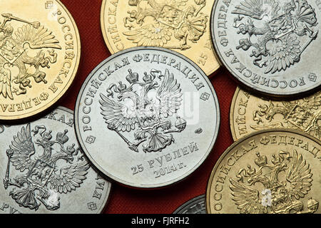 Münzen aus Russland. Russische Doppeladler in der Festschrift 25 Rubel Münzen abgebildet. Stockfoto