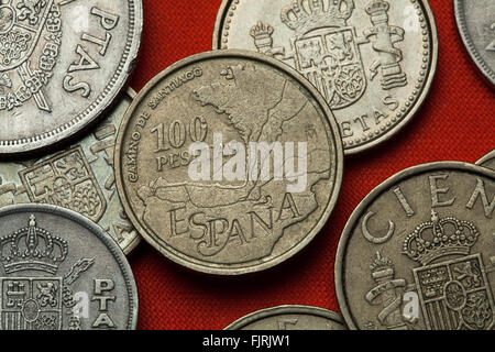 Münzen von Spanien. Karte der Wallfahrt leitet Camino de Santiago in Europa in der spanischen 100-Peseten-Münze abgebildet (1993). Stockfoto