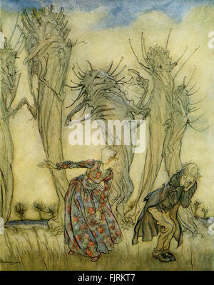 Die Geschichte von Herrn und Frau Vinegar lebte in einem Pickle Glas, englische Märchen. Frau Vinegar schimpft Herr Essig für den Handel entfernt seine Habseligkeiten. Illustration von Arthur Rackham (1867-1939) Stockfoto