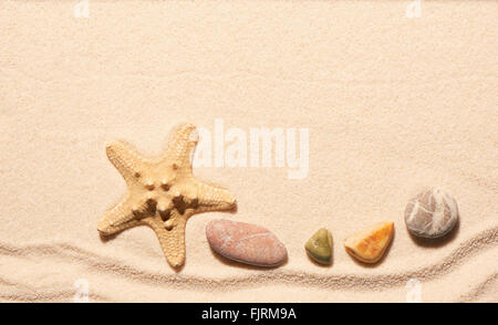 Seesterne und Meer Steinen auf Sand. Sommer Strand Hintergrund. Ansicht von oben Stockfoto