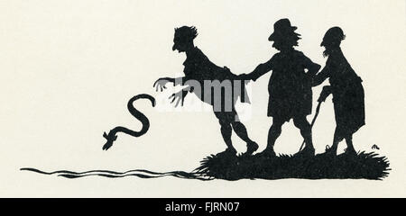 Die weisen Männer von Gotham, englische Märchen. Des Ertrinkens Aale. Silhouette. Illustration von Arthur Rackham (1867-1939) Stockfoto