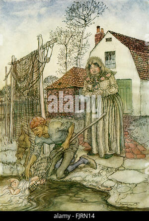 Der Fisch und der Ring, englische Märchen. Der Fischer und seine Frau finden das Babymädchen im Fluss. Bildunterschrift lautet: "der Fischer und seine Frau hatten keine Kinder und sie waren nur Sehnsucht nach einem Baby" Illustration von Arthur Rackham (1867-1939) Stockfoto