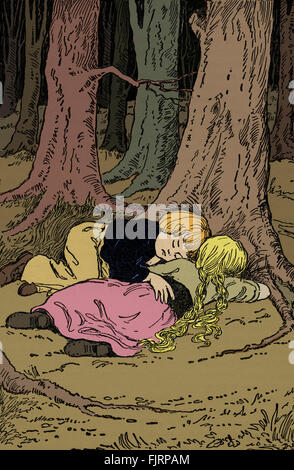 Hänsel und Gretel Einschlafen im Wald. Zuerst veröffentlicht durch die Gebrüder Grimm 1812 Stockfoto