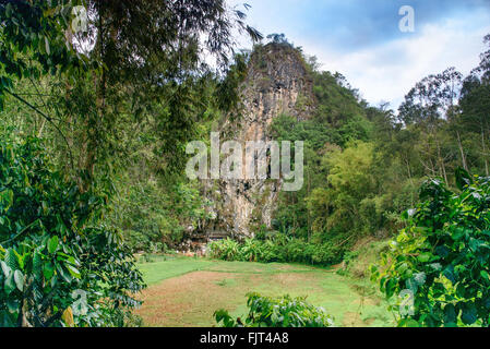 LEMO ist Klippen und Höhle alte Grabstätte in Tana Toraja. Galerien von Tau-Tau auf Balkon bewachen die Gräber. Im Inneren gibt es eine Colle Stockfoto