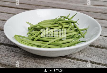 Teller mit grünen Bohnen frisch gepflückt aus dem Gemüsegarten Stockfoto