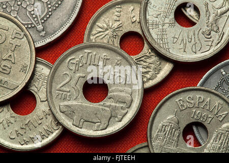 Münzen von Spanien. Stiere von Guisando in Ávila, Kastilien und Leon, Spanien in Spanisch 25 Peseten dargestellt-Münze (1995). Stockfoto