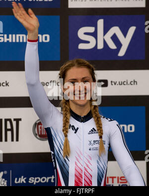 Lee Valley VeloPark, Queen Elizabeth Olympic Park, London, UK. 3. März 2016. Laura Trott [GBR] gewinnt die Frauen Kratzer werden Weltmeister. Bildnachweis: Stephen Bartholomäus/Alamy Live-Nachrichten Stockfoto