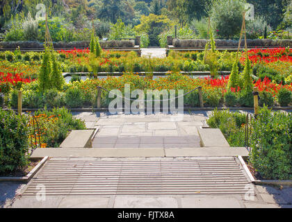 Bunte Blumen-Garten mit wegen und Teich Stockfoto