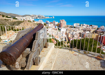 Cullera Kanone im Schloss top mit Antenne Skyline in Valencia, Spanien Stockfoto