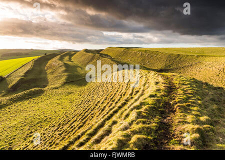 Blick auf die Eisenzeit Wallburg von Maiden Castle in der Nähe von Dorchester, Dorset, Großbritannien Stockfoto