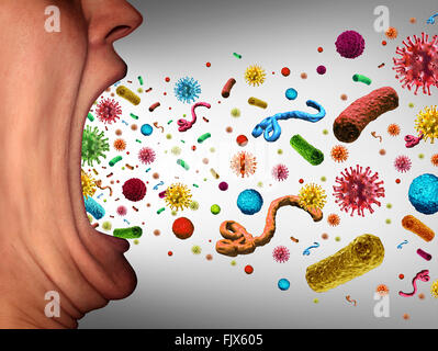 Menschliche Krankheit verbreitet, wie mikroskopisch kleine Krankheitserreger durch einen geöffneten Mund verbreitet werden, die Husten oder Niesen übertragen Krankheiten und ansteckende Viren oder Bakterien als gefährliche Keime in der Luft. Stockfoto
