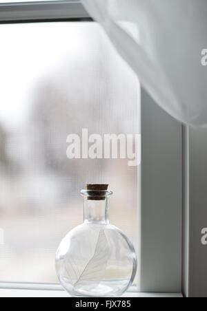 Eine Flasche enthält ein Skelett Blatt, sitzt auf der Fensterbank. Stockfoto