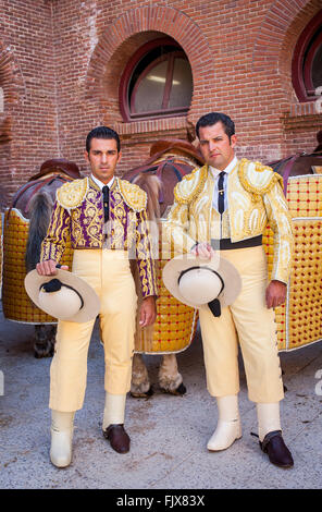 Berittene Stierkämpfer, Picadores in Las Ventas Stierkampfarena, Madrid, Spanien Stockfoto