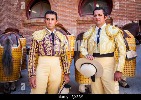 Berittene Stierkämpfer, Picadores in Las Ventas Stierkampfarena, Madrid, Spanien Stockfoto