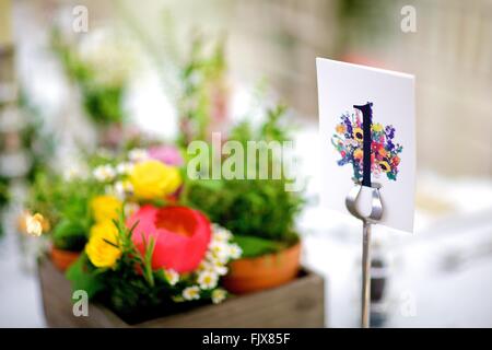 Hochzeit, Veranstaltung, Bankett oder besonderen Anlass, Tischdekoration und Blumen, Tabellennummer, 1, 1, Braut, Gänseblümchen & Rosen Stockfoto