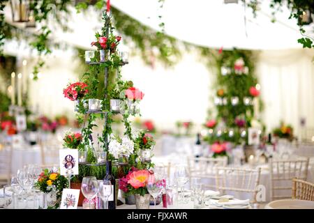 Hochzeit, Event oder besonderen Anlass Tisch Dekoration und Blumen, bunt, hell, Gänseblümchen, Rosen, Laternen, Braut und Bräutigam Stockfoto