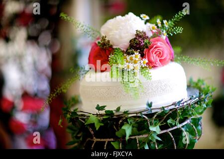 Hochzeit, Veranstaltung, Bankett oder besonderen Anlass Tischdekoration und Blumen, Braut, Bräutigam, Margeriten und Rosen Stockfoto