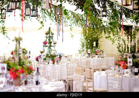 Hochzeit, Veranstaltung, Bankett oder besonderen Anlass Tischdekoration und Blumen, Braut, Bräutigam, Tier, Gänseblümchen & Rosen Stockfoto