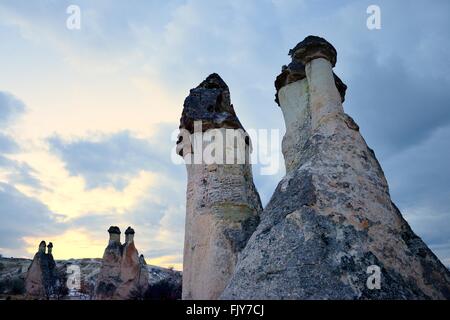 Erodiert vulkanischen Tuff rock Säulen Feenkamine in der Mönche Tal pasabagi Bereich der Nationalpark Göreme in Kappadokien, Türkei Stockfoto