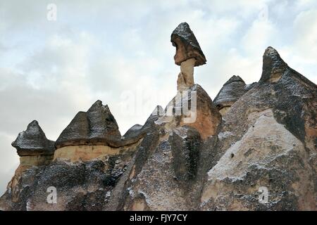 Abgefressenen vulkanischen Tuffstein Säulen Feenkamine im Bereich Mönche Tal Pasabagi des Nationalparks Göreme, Kappadokien, Türkei Stockfoto