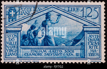 Das zweite Jahrtausend des Lebens von Virgil, in der Zeit des antiken Roms, in einem Stempel des Königreichs Italien von 1,25 Lire vertreten Stockfoto