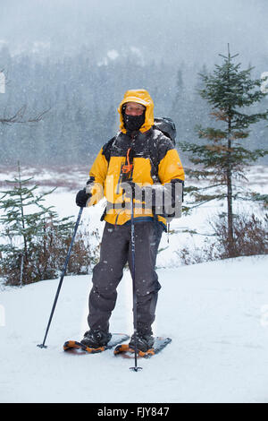 Ältere Mann in gelben und schwarzen Mantel Schneeschuhen an einem verschneiten Tag in den Wäldern des nördlichen Maine nahe Rangeley. Stockfoto