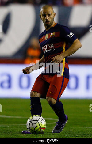 Madrid, Spanien. 3. März 2016. Javier Alejandro Macherano (14) FC Barcelona. La Liga-match zwischen Rayo Vallecano und FC Barcelona im Vallecas Stadion in Madrid, Spanien-Credit: Action Plus Sport/Alamy Live News Stockfoto