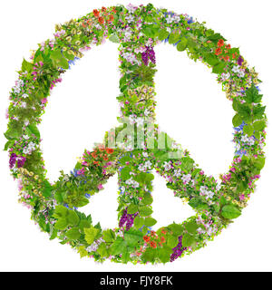 Green Peace Symbol abstrakte Collage aus frischen Frühling Äste Pflanzen und Blumen aus. Isoliert Stockfoto