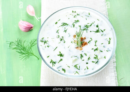 Joghurt kalten Suppe Tarator mit Gurken, Dill und Nuss Stockfoto