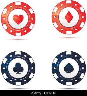 Casino-Chips mit Karte passt Symbole auf weiß Stock Vektor