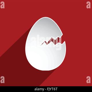 Papier geknackt Ei mit langen Schatten auf rotem Grund. Osterei-Form Stock Vektor