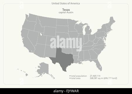 Vereinigte Staaten von Amerika isoliert Karte und Texas Staatsgebiet. politische Karte der USA Vektor. geografischen Banner Vorlage Stock Vektor