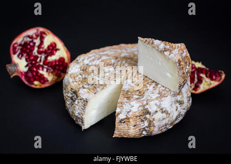 Im Alter von Ziegenkäse mit Granatäpfeln auf schwarzem Hintergrund Stockfoto