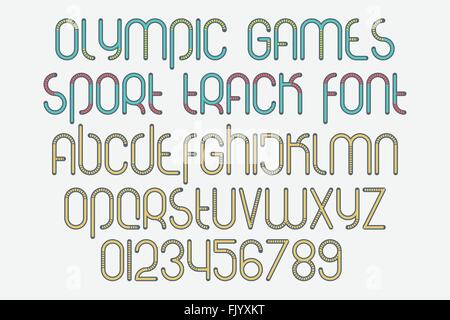 Satz von stilisierten Buchstaben und Zahlen isoliert auf weißem Hintergrund. Vektor, dynamischen Stil Font Schriftgestaltung. Sommer olympi Stock Vektor