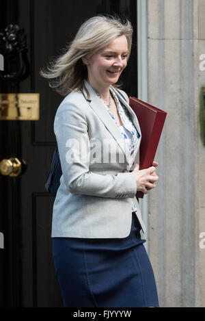 Minister verlassen einer Kabinettssitzung am 10 Downing Street Featuring: Liz Truss wo: London, Vereinigtes Königreich bei: 2. Februar 2016 Stockfoto