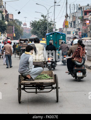 Straßenszene mit Fußgängern und verschiedene Formen des Verkehrs einschließlich Rikschas, Wagen, Motorräder Alt-Delhi, Indien, Asien Stockfoto